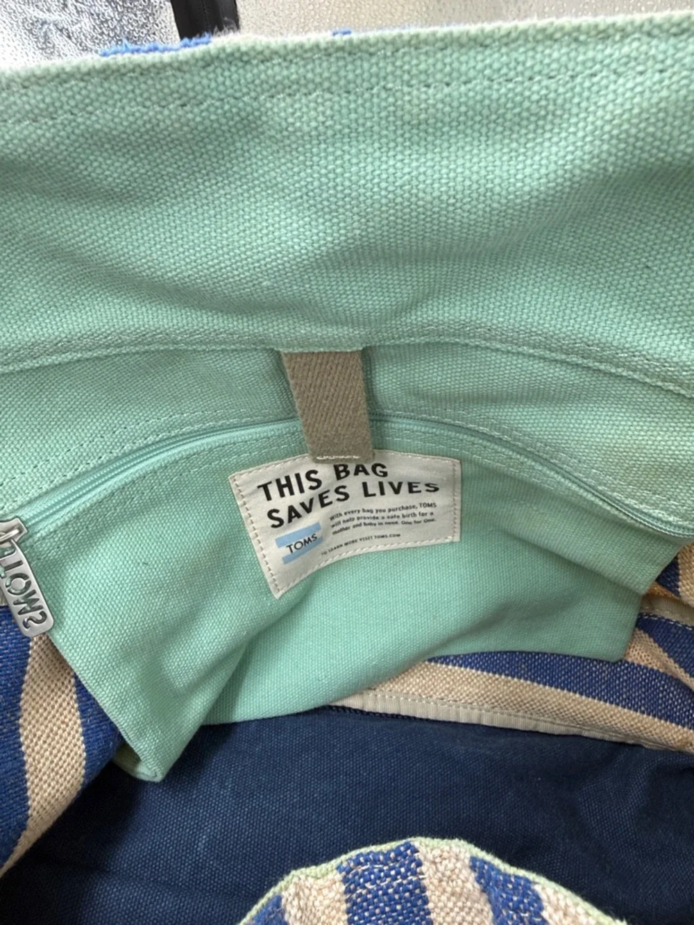TOMS Blue and Beige Striped “Lakeside” Canvas Tote Bag